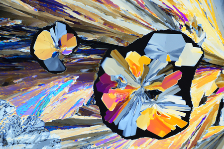 Photo through a microscope of crystals grown from a solution of citric acid in alcohol. Polarized light technology. Abstract art wallpaper. Background for design.の写真素材