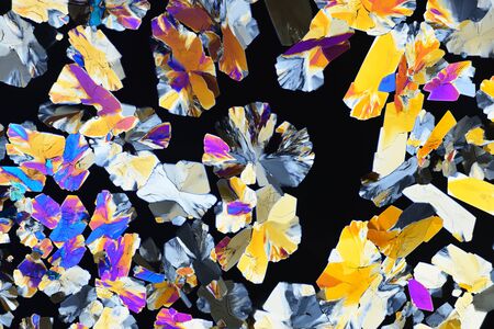 Photo through a microscope of crystals grown from a solution of citric acid in alcohol. Polarized...