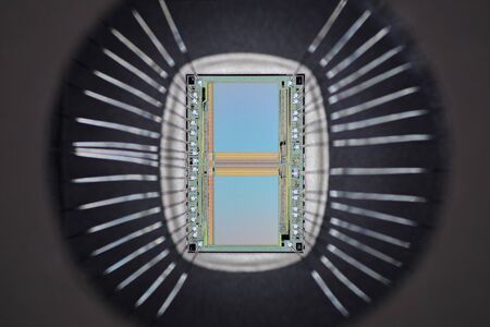 Extreme close up of silicon memory chip.