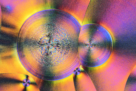 Colorful micro crystals in polarized light. Photo through a microscope.