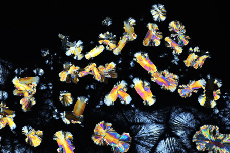 Colorful micro crystals in polarized light. Photo through a microscope.