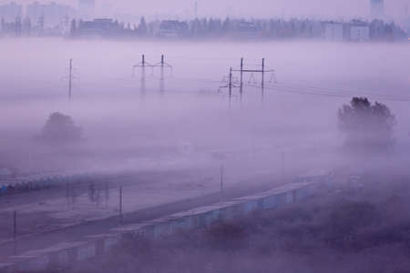 Urban landscape at misty morning in Kyiv, Ukraine.の写真素材
