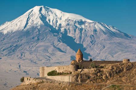 Ancient Armenian church Khor Virap with Ararat on the background の写真素材