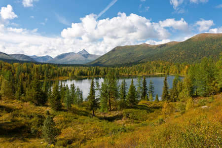 Crystal pond with trees in Ural Mountains, Russia.の写真素材