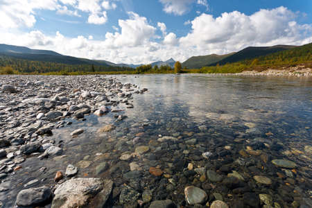 Mountain landscape with lake, Ural Mountains, Russia.