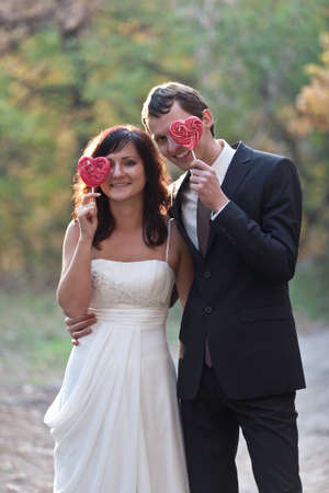 Wedding couple having fun at holidays.の写真素材