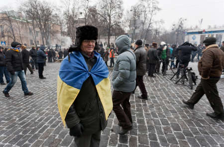 KIEV, UKRAINE - 21 JANUARY 2014  Unknown demonstrators at the Independence square during Ukrainian revolution on January 21, 2014 in Kiev, Ukraine のeditorial素材