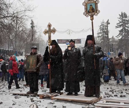 KIEV, UKRAINE - 21 JANUARY 2014  Unknown demonstrators at the Independence square during Ukrainian...