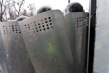 KIEV, UKRAINE - 21 JANUARY 2014  Military forces at the Independence square during Ukrainian revolution on January 21, 2014 in Kiev, Ukraine のeditorial素材