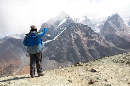 Hiker in Fann mountains, central asia, Tajikistan.の写真素材
