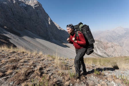 Hiker in Fann mountains, central asia, Tajikistan.の写真素材