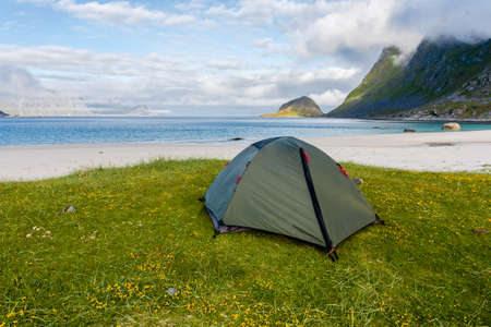 Norway landscape with tent and fjords.の写真素材
