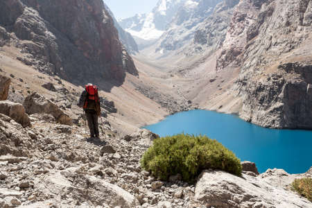 Hiker in high mountains, central asia, Tajikistan.の写真素材
