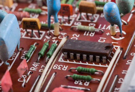 Electronic close-up of old computer microchip.の写真素材