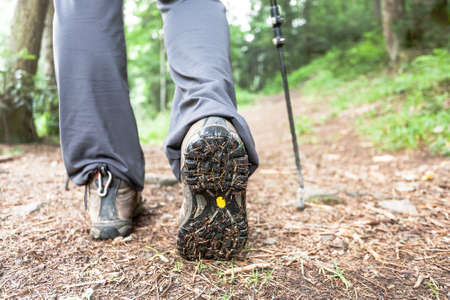 Close view of hiker boots, travel background.