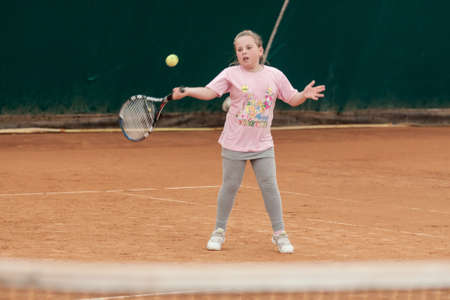 V TENNIS KIDS TOURNAMENT, UKRAINE, KIEV â MAY 18 : Unknown kid players from all over the Ukraine in action at a V Kids Tournament on May 18, 2015 in Kiev, Ukraine.のeditorial素材