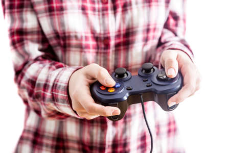 Playing video games is fun. Isolated on white background.