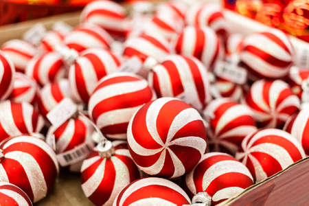 Many christmas tree balls in supermarket. Christmas background.の写真素材