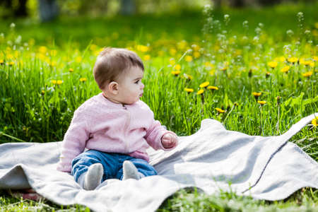 Cute little girl having fun outdoor on nature.の写真素材