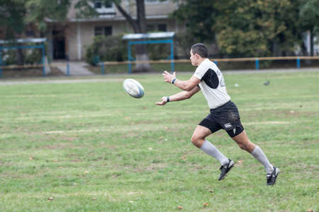 ANTARES - VERES, UKRAINE, KIEV- OCTOBER 16 : Rugby players in action at Ukrainian National Championship rugby match, Antares(in white) vs. Veres(in black), October 16, 2016 in Kiev, Ukraine.のeditorial素材