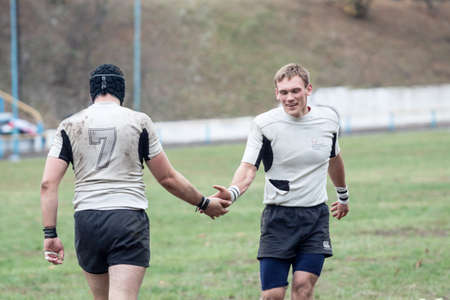 ANTARES - VERES, UKRAINE, KIEV- OCTOBER 16 : Rugby players in action at Ukrainian National Championship rugby match, Antares(in white) vs. Veres(in black), October 16, 2016 in Kiev, Ukraine.のeditorial素材