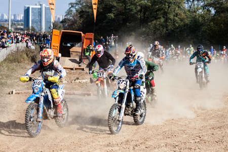 Kiev, Ukraine - October 17, 2016: Motocross riders and bikes, during Championship of Ukraine on...