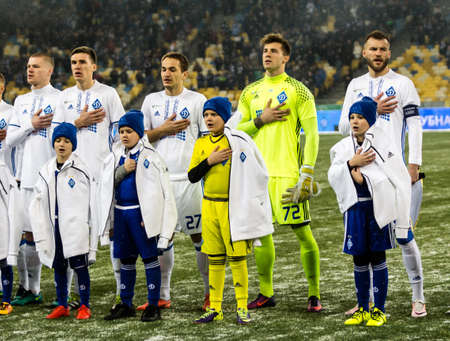 Kiev, Ukraine - December 12, 2016: FC Dynamo Kyiv players before the start game against FC Shakhtar Donetsk during Ukrainian Premier League match at NSC Olimpiyskiy stadium.のeditorial素材