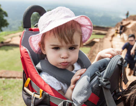 Baby girl in carrying backpack enjoying travel adventure, Active lifestyle with children in nature.の写真素材