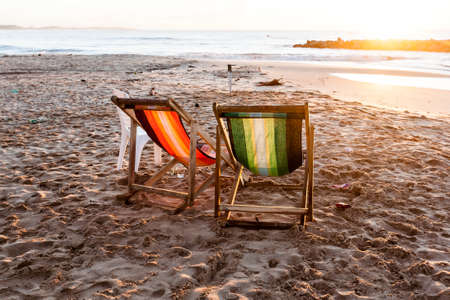 Sunbed on tropical beach in Sri Lanka, Asia.の写真素材