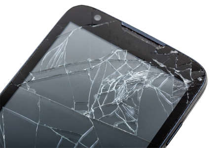 Mobile smartphone with broken screen isolated on white background.
