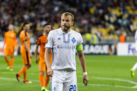 Kyiv, Ukraine - September 14, 2017: Oleh Gusev of Dynamo Kyiv in action against players of Skenderbeu during UEFA Europa League match at NSC Olimpiyskiy stadium.のeditorial素材