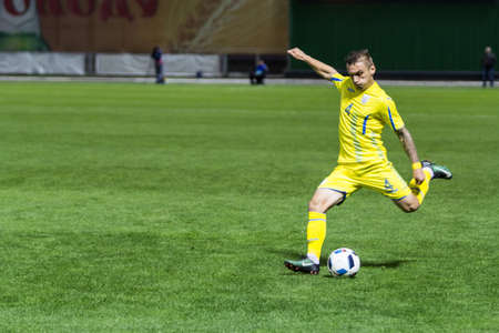 Kyiv, Ukraine - October 10, 2017: Oleksandr Osman shoots the ball. European Under-21 Championship Qualifying Round Ukraine - Netherlands.のeditorial素材