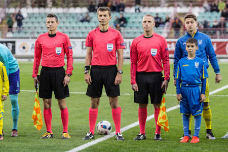 Kyiv, Ukraine - October 10, 2017: Referee Kristo Tohver and assistants Silver Koiv and Hannes Reinvald. European Under-21 Championship Qualifying Round Ukraine - Netherlands.のeditorial素材