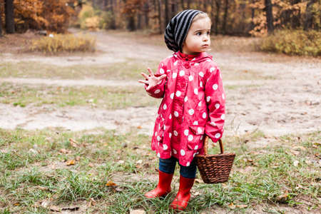 Little girl in autumn forest with basket, looking for the mushrooms. Fall day. Little girl in pea jacket exploring nature.の写真素材