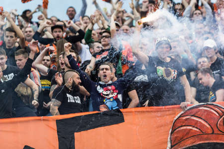 Kyiv, Ukraine - May 19, 2018: Fans at the stadium tribunaha with flyers. Ukrainian Premier League...