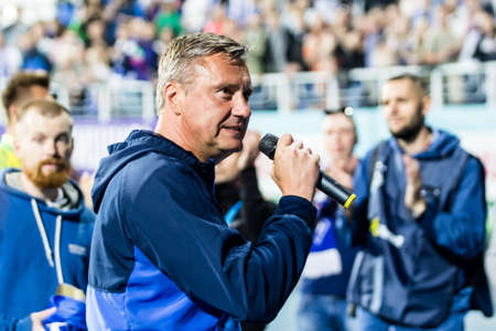 Kyiv, Ukraine - May 19, 2018: Oleksander Khatskevich speaking to the fans after the match. Ukrainian Premier League match Dynamo Kyiv â Shakhtar Donetsk at Dynamo Kyiv stadium.のeditorial素材