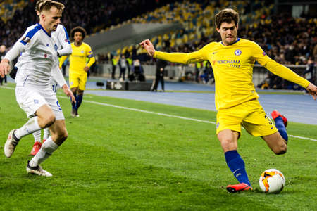 Kyiv, Ukraine - March 14, 2019: Marcos Alonso of Chelsea in action during UEFA Europa League match against Dynamo Kyiv at NSC Olimpiyskiy stadium.のeditorial素材