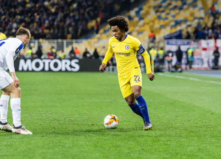 Kyiv, Ukraine - March 14, 2019: Willian of Chelsea in action during UEFA Europa League match against Dynamo Kyiv at NSC Olimpiyskiy stadium.のeditorial素材
