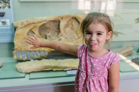 Little girl exploring paleontology museum in serch for dinosaurs. Education time concept.の写真素材
