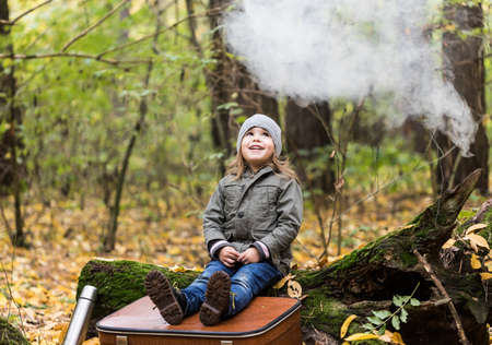 Little girl playing in autumn forest full of yellow leaves with old vintage suitcase. Siitng on an old tree with spooky mist over her.の写真素材