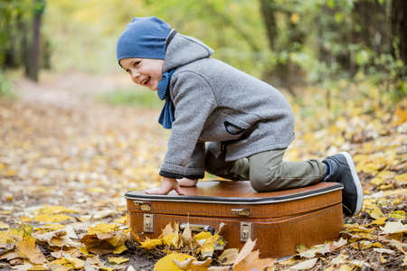 Little boy playing in autumn forest full of yellow leaves with old vintage suitcase.の写真素材