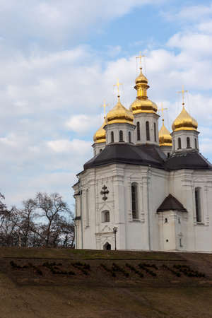 Ancient Catherine's Church - Kiev Patriarchate Orthodox Church. Architectural monument of national importance. Ukrainian Chernihiv city. Ukraine. View of city before the bombing of the Russian army.の写真素材