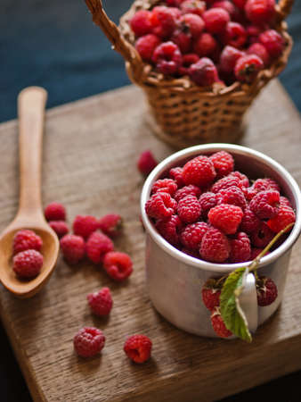 Freshly picked home-grown raspberryの写真素材