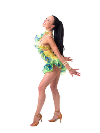 One female salsa dancer wearing a colorful dress