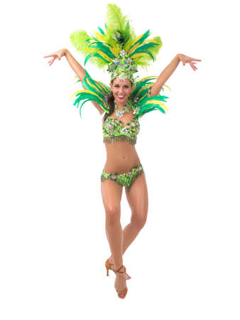 Female samba dancer wearing colorful costume over white backgroundの写真素材