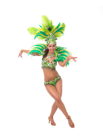 Female samba dancer wearing colorful costume over white backgroundの写真素材