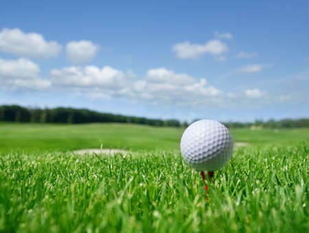 Golf ball on tee in grassの写真素材