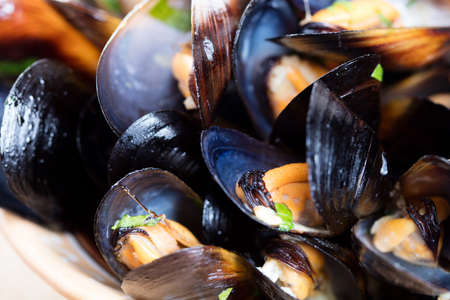Black mussels on plate