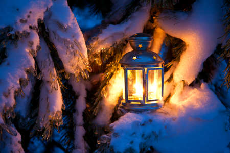 Christmas scene - an oil filled lantern burning bright with snow covered tree, holly and ivy lit up by the glow of the lamp.の写真素材