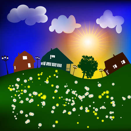 Spring landscape with Sun houses, vectorのイラスト素材